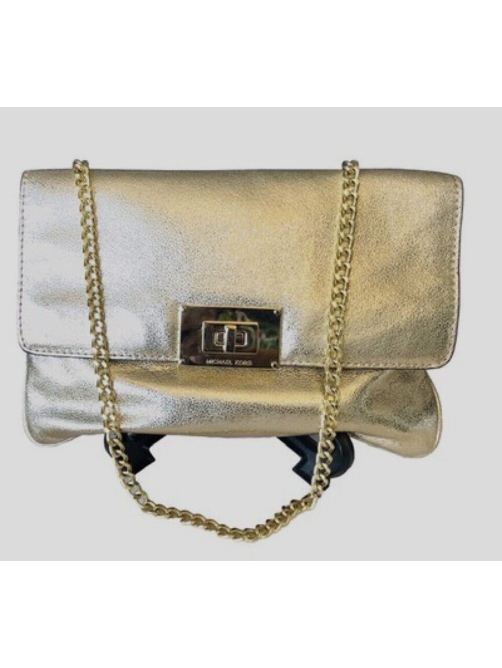 Michael Kors Sloan Pale Gold Clutch Genuine Leather /Gold Chain